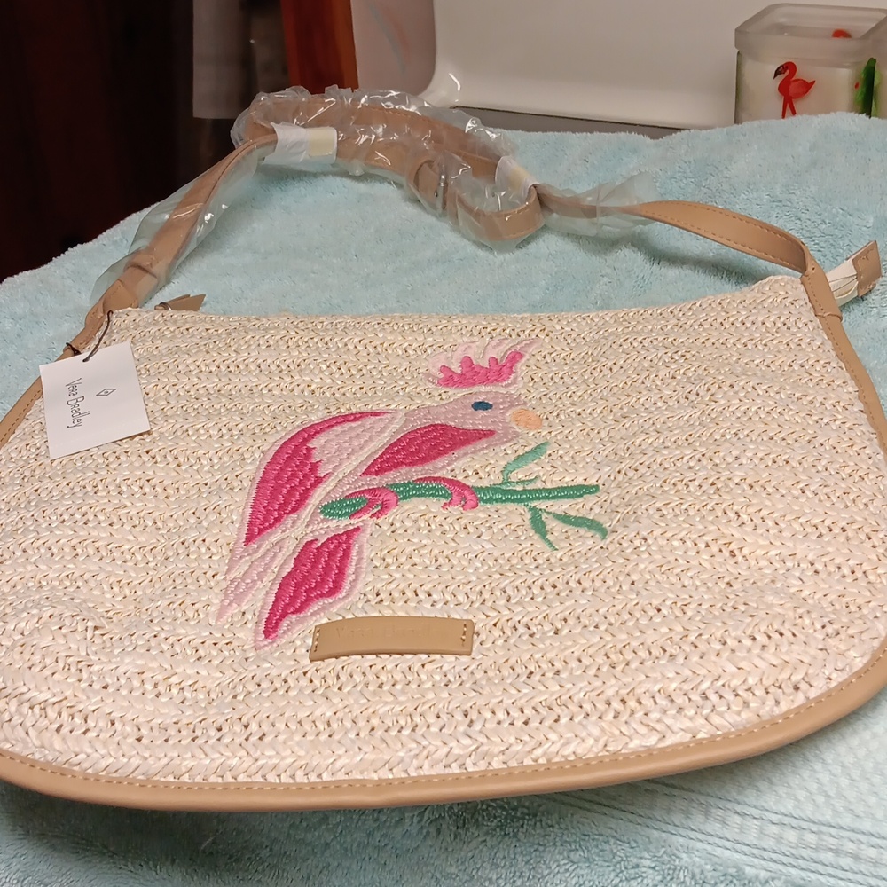 Vera Bradley straw crossbody w/ pink bird embroidered on front nwt